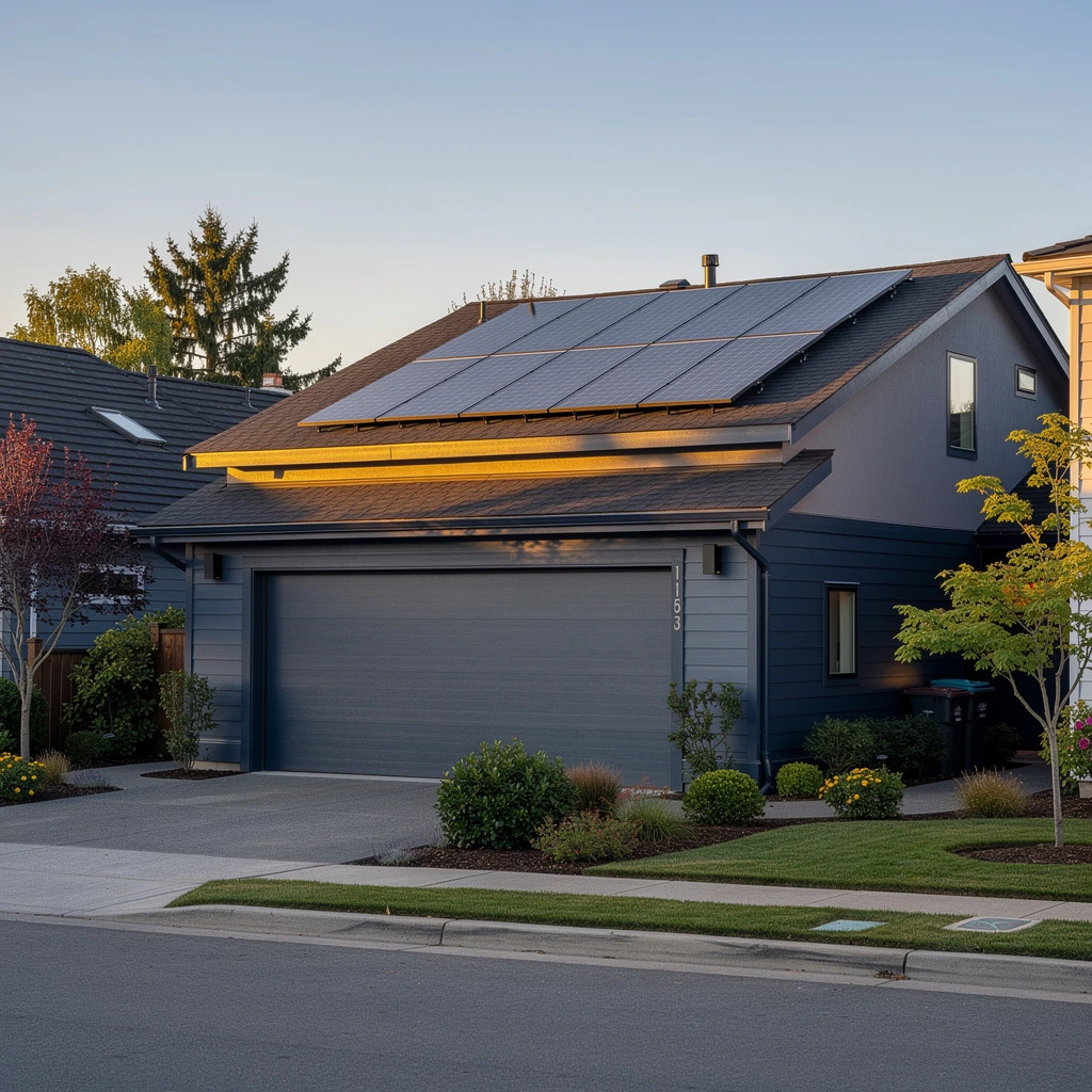 Rooftop solar panels on a suburban home in warm evening light