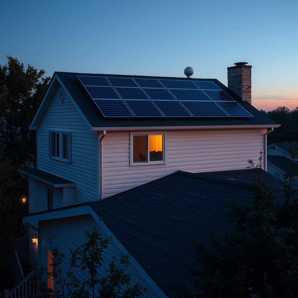 Sunlight falling across residential solar panels — view 2