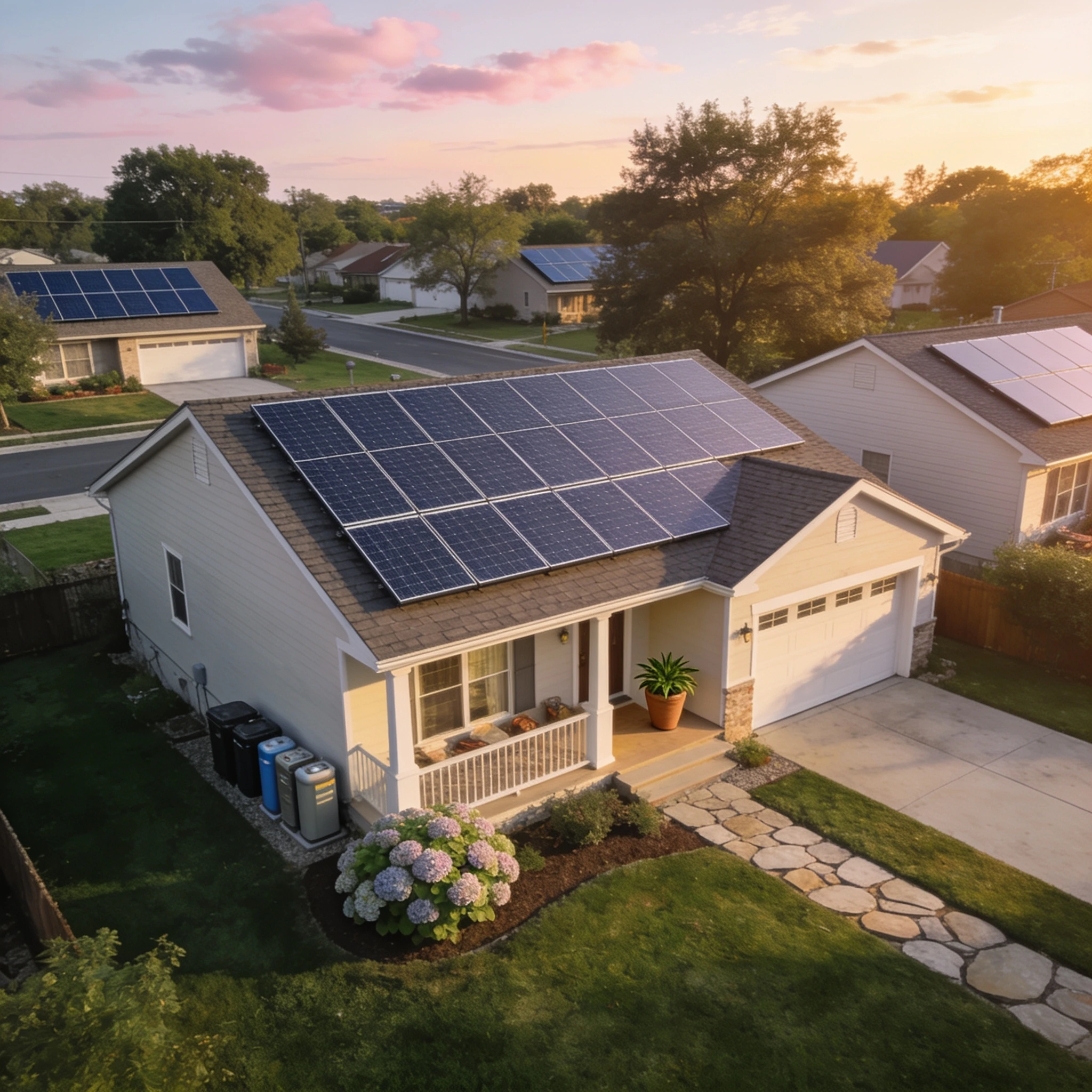 Illustrative residential solar photography and cover artwork — view 1